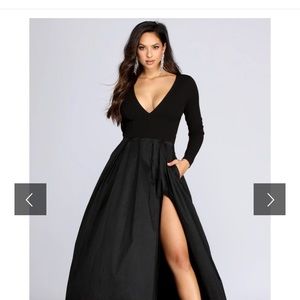 Black plunge V neck high slit maxi dress